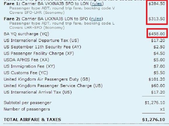 British Airways Fuel Surcharge Chart