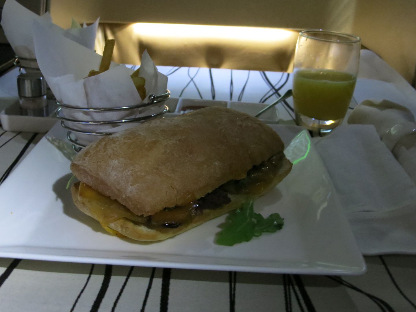 Etihad First Class IAD-AUH steak sandwich