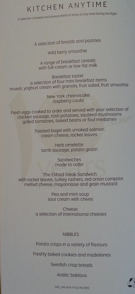 Etihad First Class cabin IAD-AUH menu