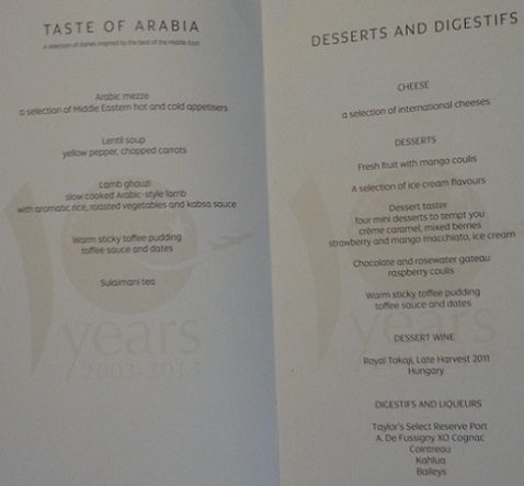 Etihad First Class cabin IAD-AUH menu