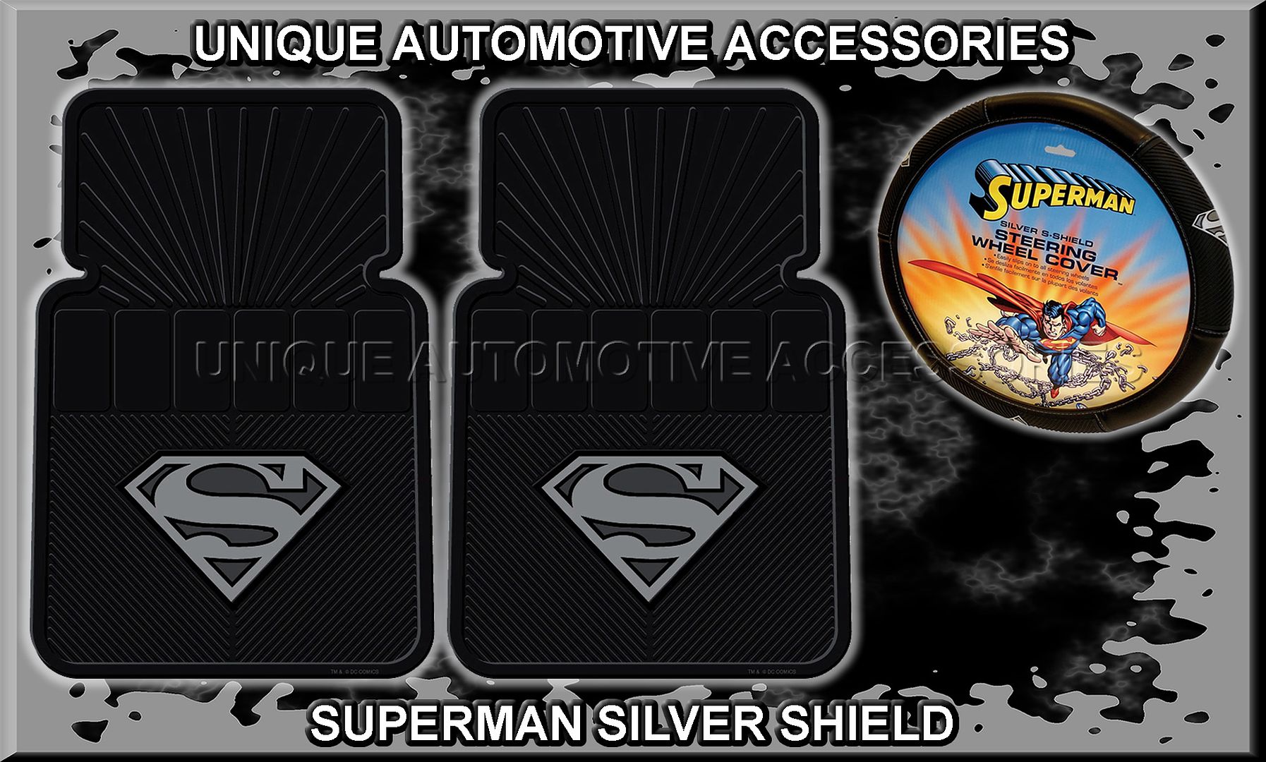 3pc Superman Silver Car Floor Mats Steering Wheel Cover On