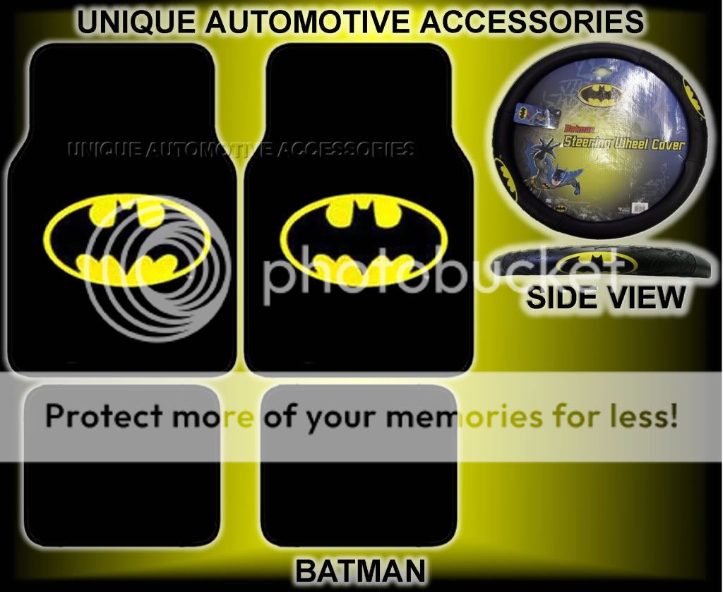 5PC BATMAN CAR CARPET FLOOR MATS STEERING WHEEL COVER  