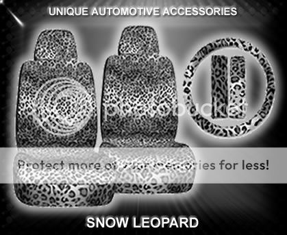 5PC SNOW LEOPARD LOW BACK SEAT COVERS & STEERING WHEEL  