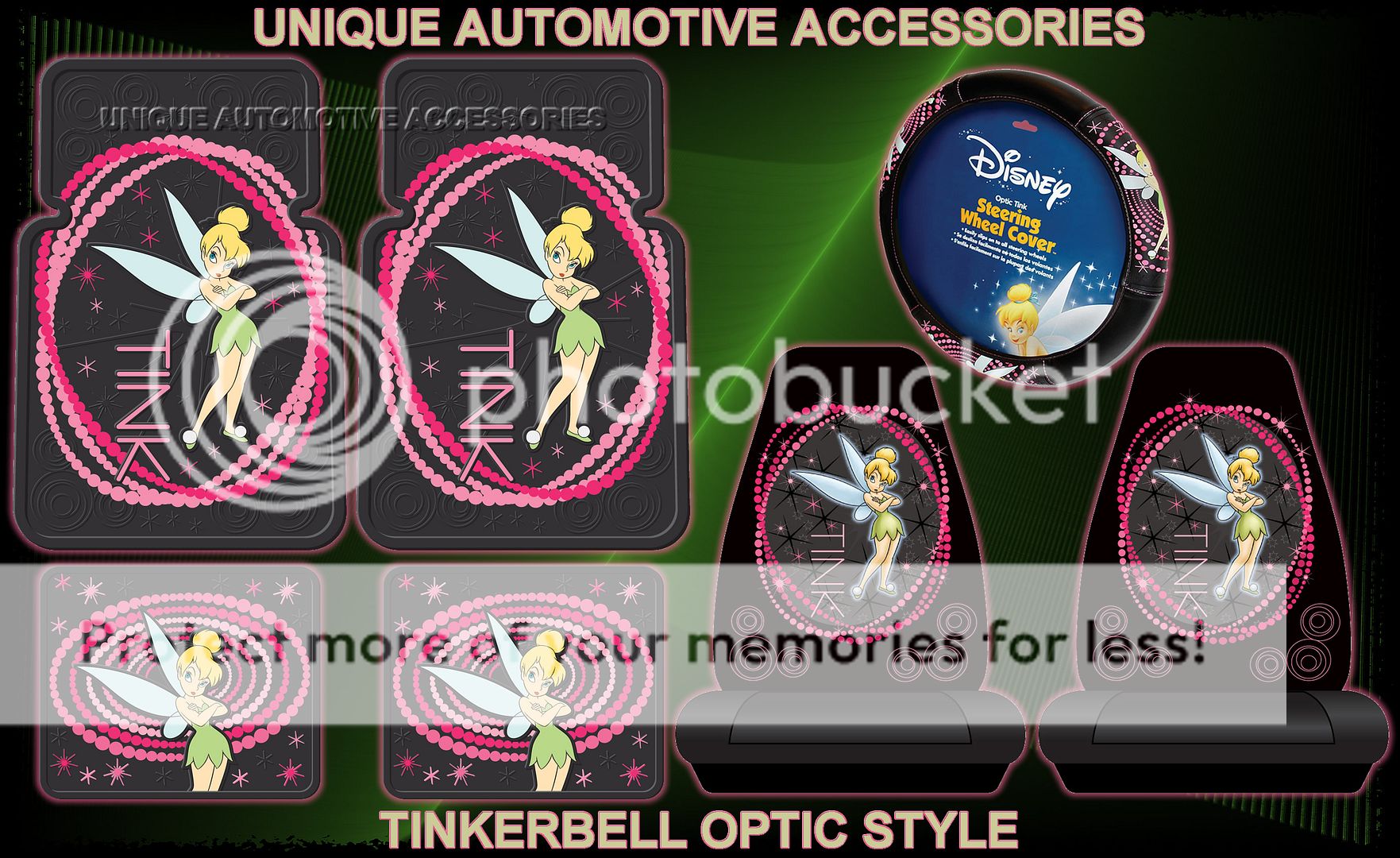 7PC TINKERBELL OPTIC FLOOR MATS SEAT COVERS STEERING  